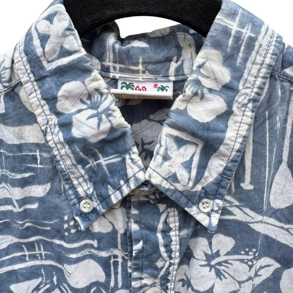 Go Barefoot Vintage Hawaiian Shirt Mens L Blue Floral Print Cotton Short Sleeve - Picture 6 of 12